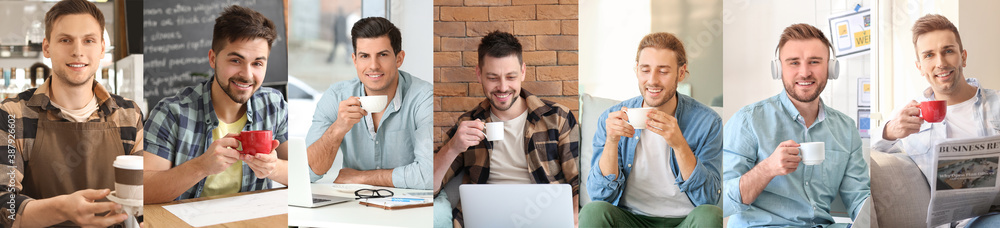 Different handsome men with cups of coffee indoors