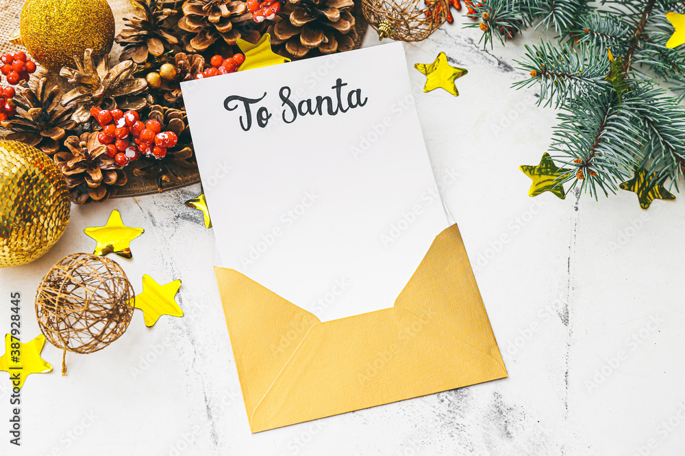 Letter to Santa and Christmas decor on white background