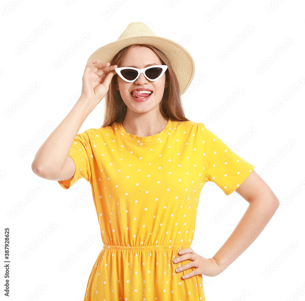 Beautiful woman with stylish sunglasses on white background