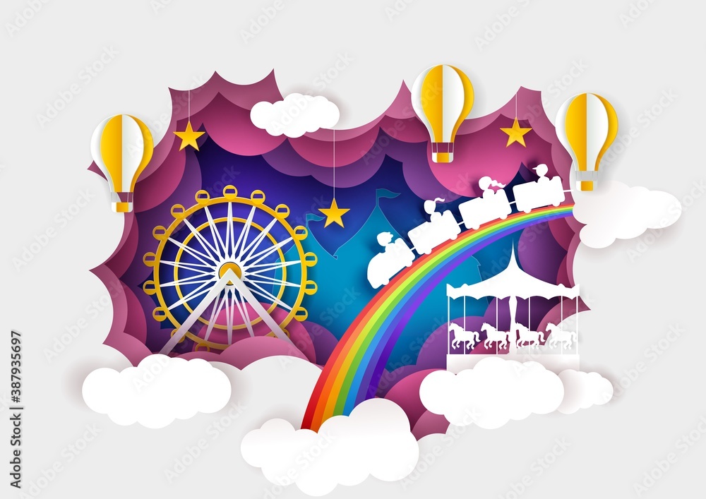 Paper cut ferris wheel, carousel, kids train, hot air balloons. Vector illustration in paper art sty