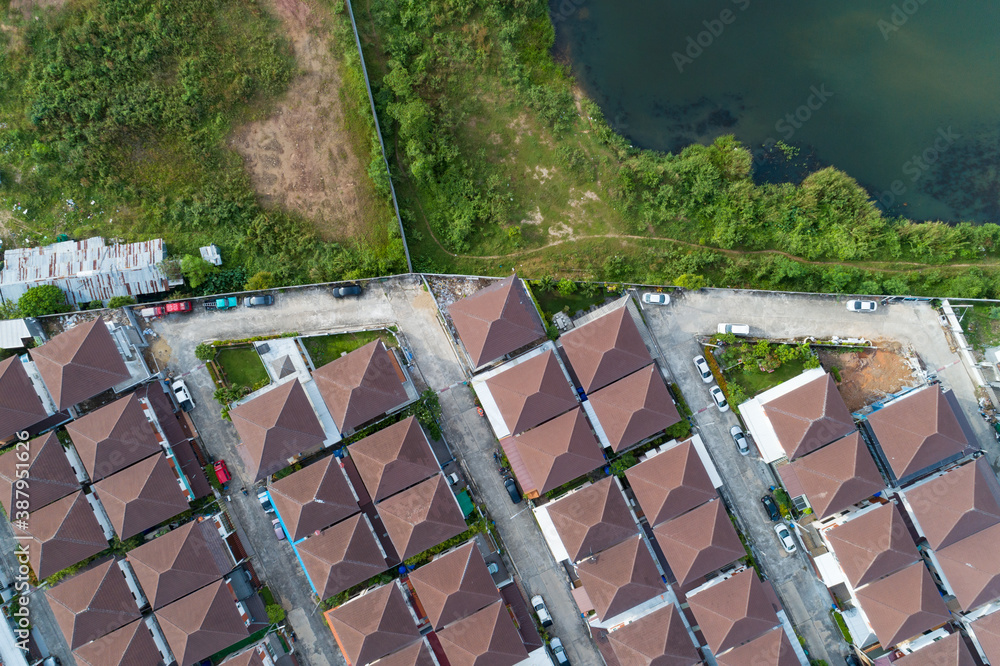 Aerial view of roof modern houses village top view image from drone.