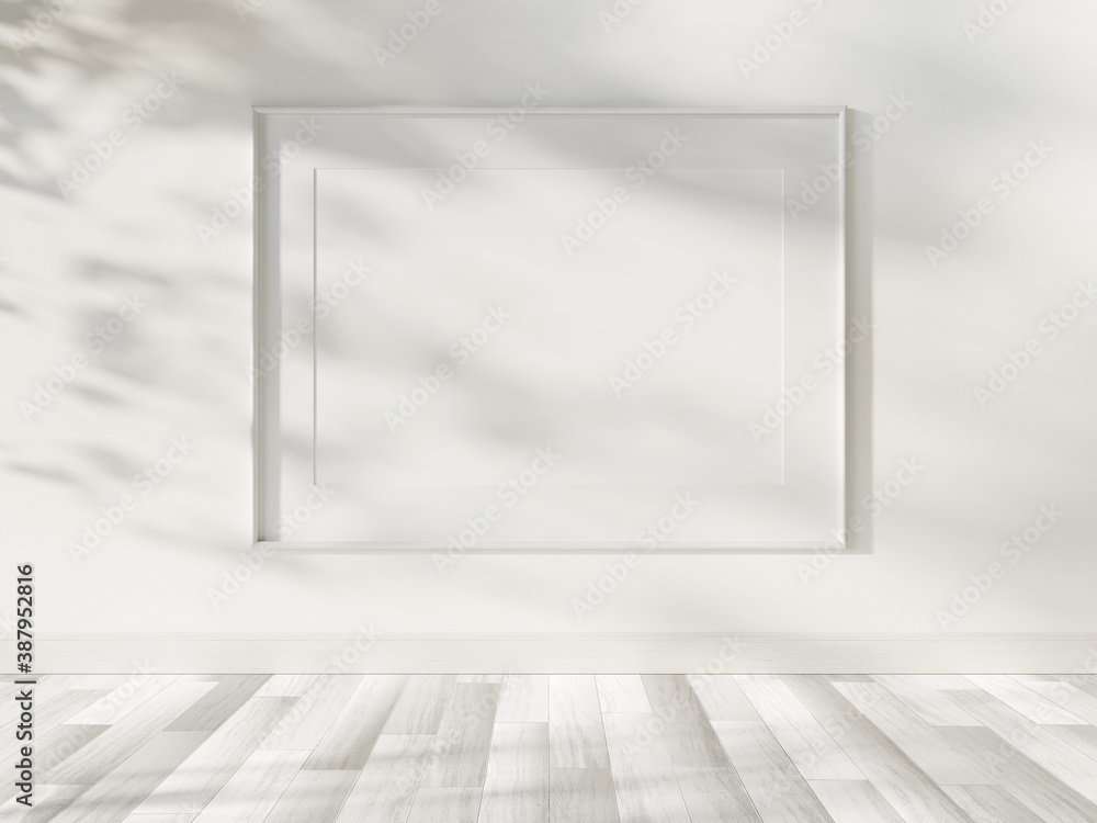 White frame hanging in bright interior mockup. Template of a picture framed on a wall 3D rendering