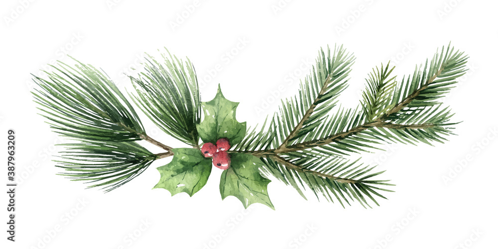 Watercolor vector Christmas wreath with fir branches and green leaves.