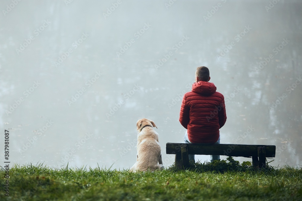 Rear view of young man with dog on lake lakeshore. Pet owner with his labrador retriever looking at 