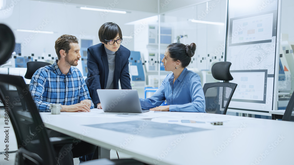 Modern Factory Office Meeting: Female Project Manager, Asian Branch Supervisor Talk with Chief Produ