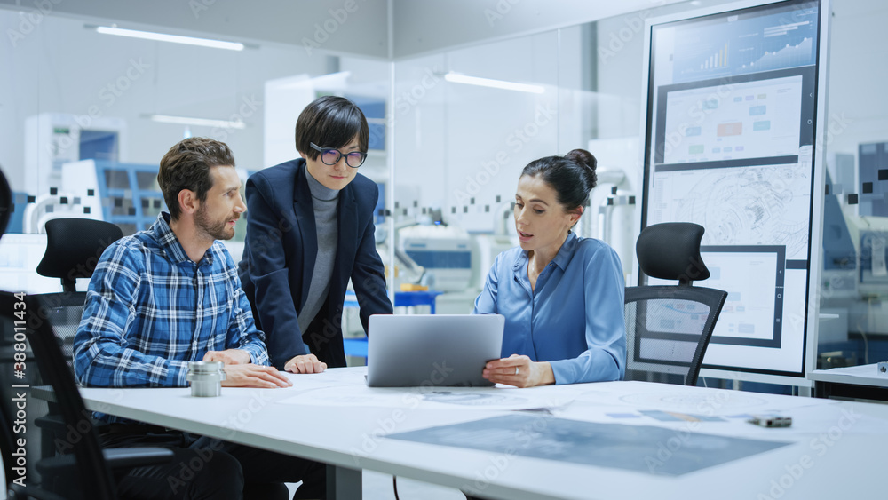 Modern Factory Office Meeting: Female Project Manager, Asian Branch Supervisor Talk with Chief Produ