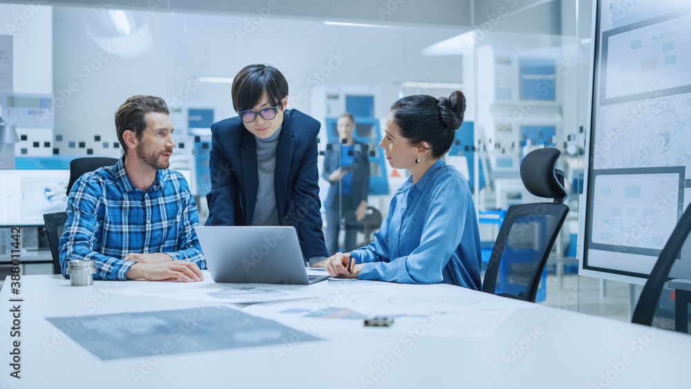 Modern Factory Office Meeting: Female Project Manager, Asian Branch Supervisor Talk with Chief Produ