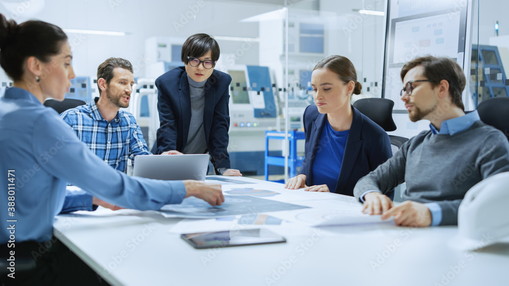 Modern Factory Office Meeting Room: Multi Ethnic and Diverse Team of Engineers, Managers and Investo