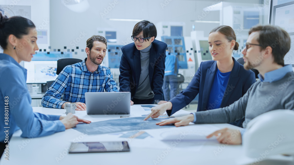 Modern Factory Office Meeting Room: Multi Ethnic and Diverse Team of Engineers, Managers and Investo