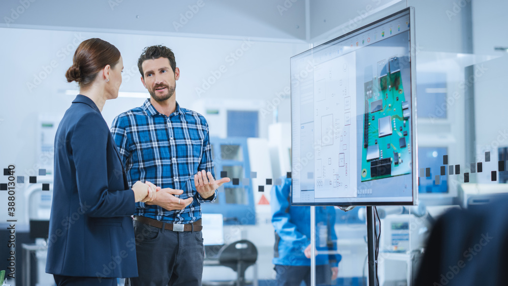 Female Computer Engineer and Male Project Manager Use Digital Interactive Whiteboard That Shows 3D P