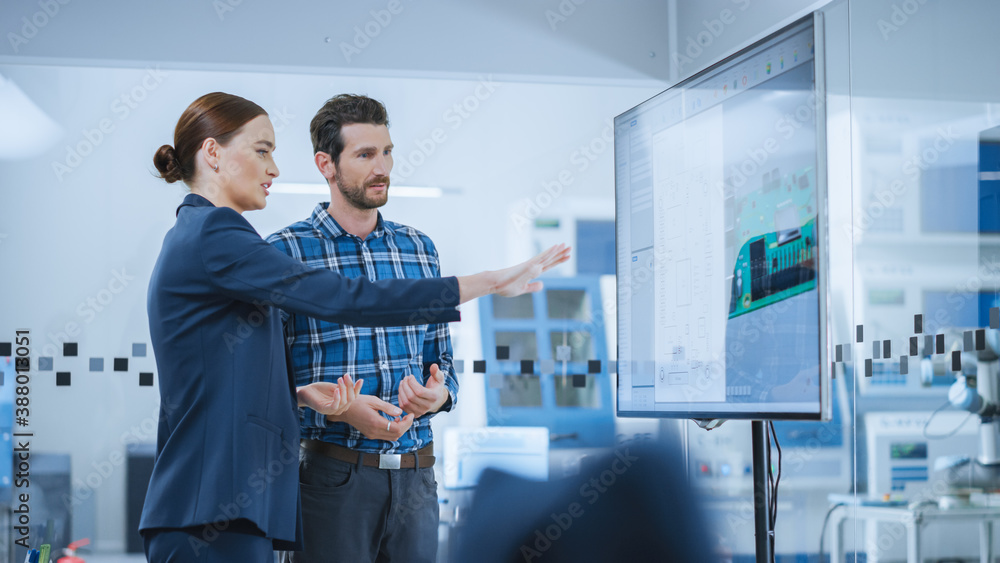 Female Computer Engineer and Male Project Manager Use Digital Interactive Whiteboard That Shows 3D P