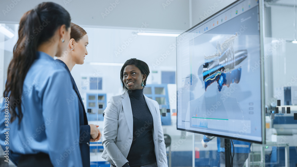 All Female Team: Automotive Designer, Chief Engineer, and Manager Use Digital Interactive Whiteboard