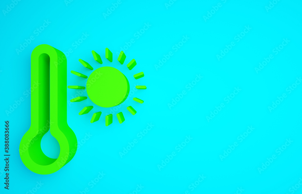 Green Meteorology thermometer measuring heat and cold icon isolated on blue background. Thermometer 