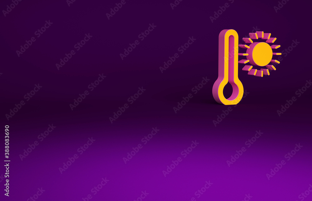 Orange Meteorology thermometer measuring heat and cold icon isolated on purple background. Thermomet