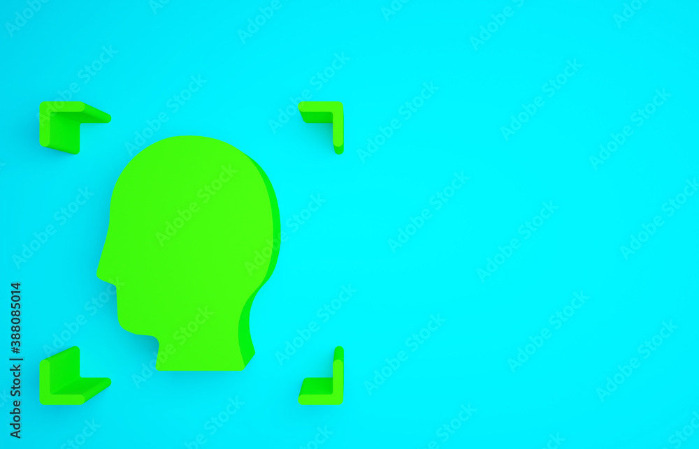 Green Face recognition icon isolated on blue background. Face identification scanner icon. Facial id