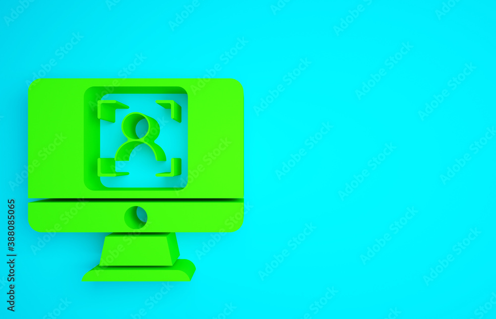 Green Monitor with face recognition icon isolated on blue background. Face identification scanner ic