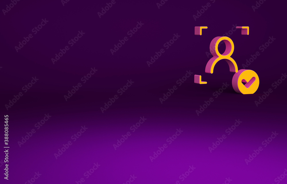 Orange Face recognition with check mark icon isolated on purple background. Face identification scan