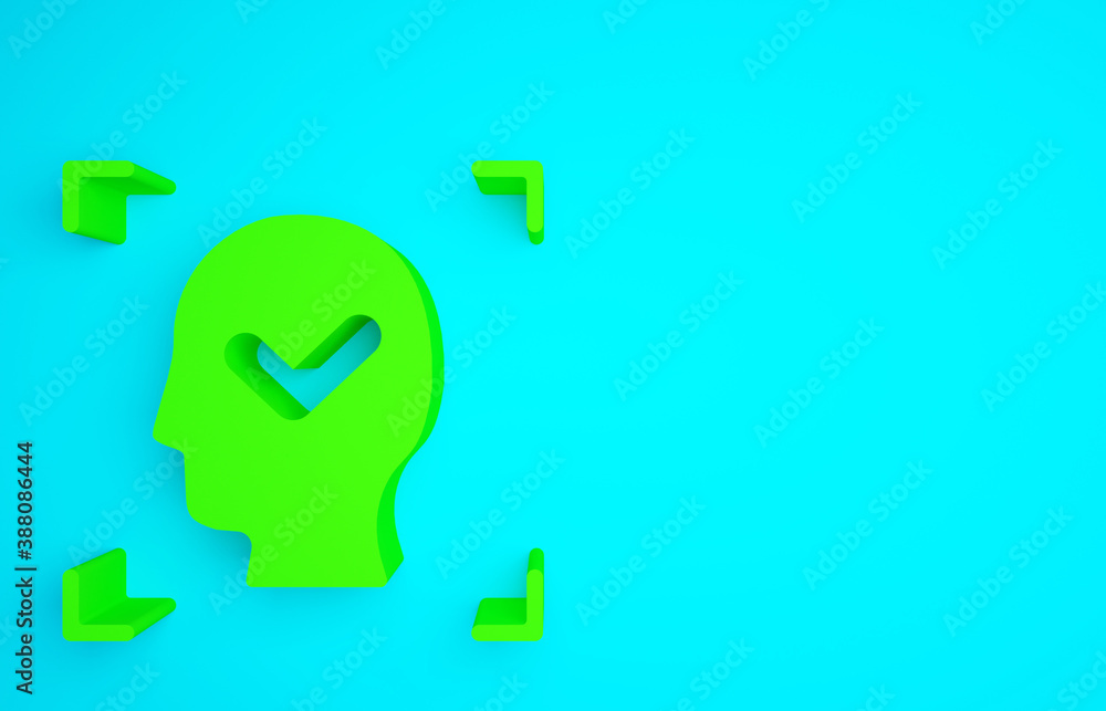 Green Face recognition with check mark icon isolated on blue background. Face identification scanner