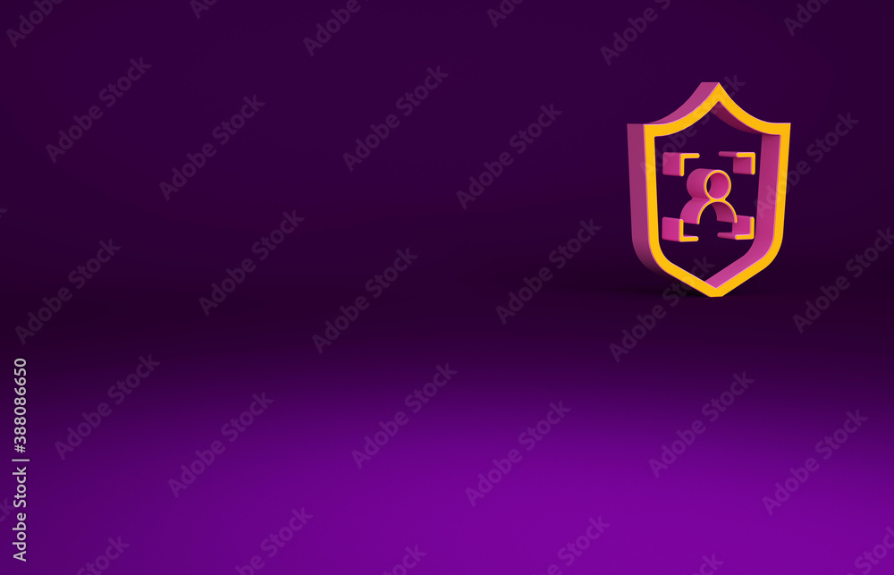 Orange Shield face recognition icon isolated on purple background. Face identification scanner icon.