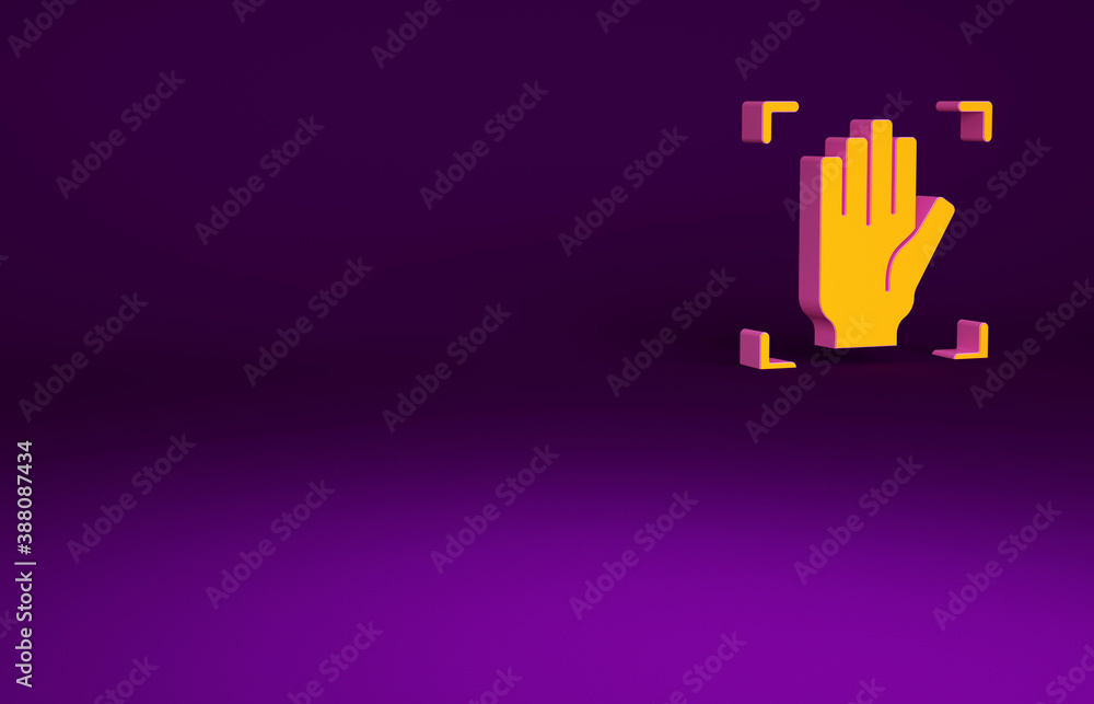 Orange Palm print recognition icon isolated on purple background. Biometric hand scan. Fingerprint i