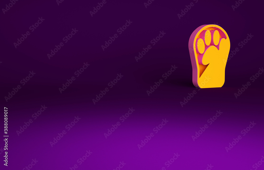 Orange Paw print icon isolated on purple background. Dog or cat paw print. Animal track. Minimalism 