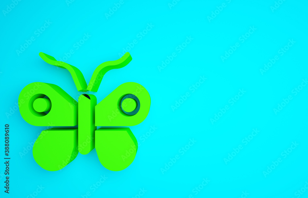 Green Butterfly icon isolated on blue background. Minimalism concept. 3d illustration 3D render.