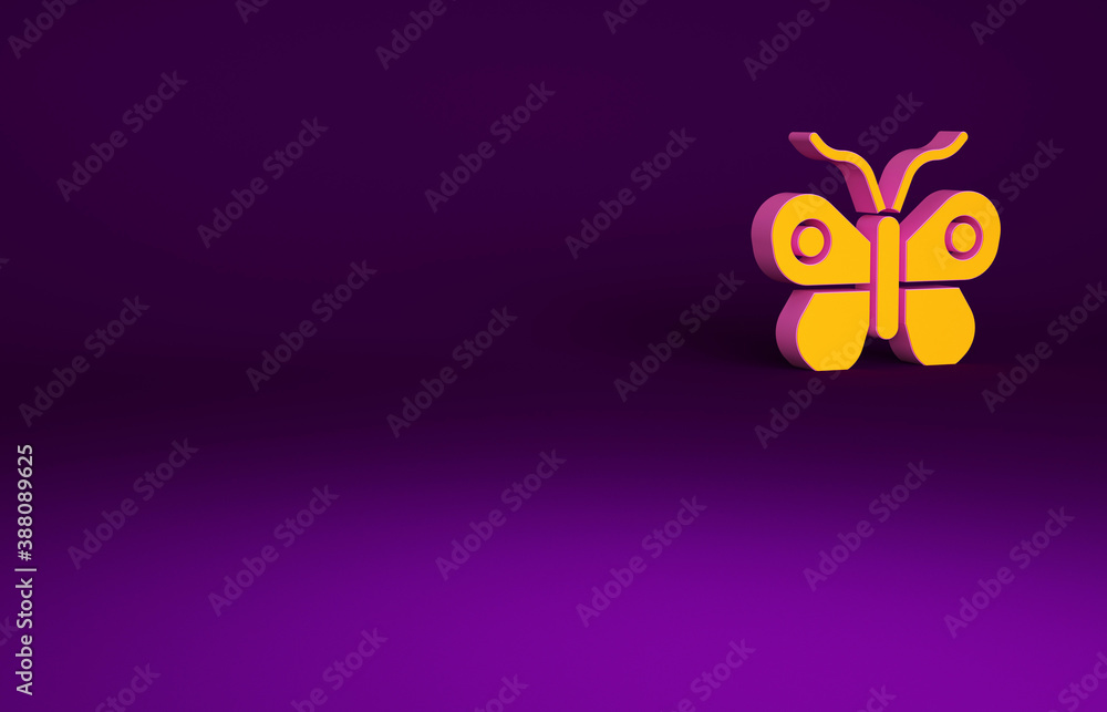 Orange Butterfly icon isolated on purple background. Minimalism concept. 3d illustration 3D render.