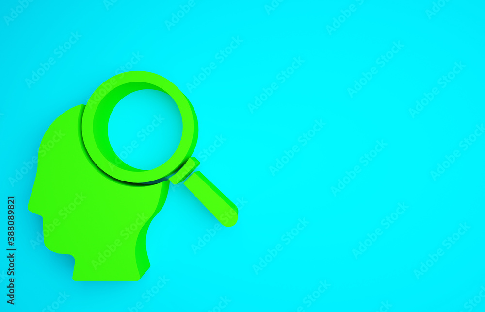 Green Finding a problem in psychology icon isolated on blue background. Minimalism concept. 3d illus