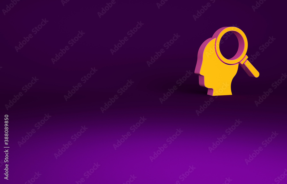 Orange Finding a problem in psychology icon isolated on purple background. Minimalism concept. 3d il