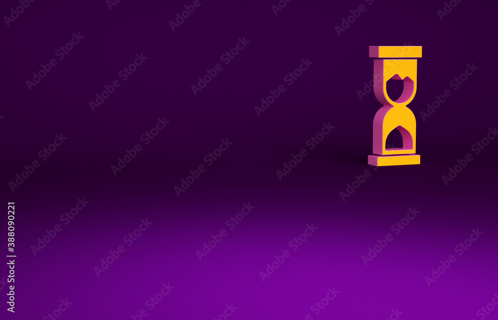 Orange Old hourglass with flowing sand icon isolated on purple background. Sand clock sign. Business