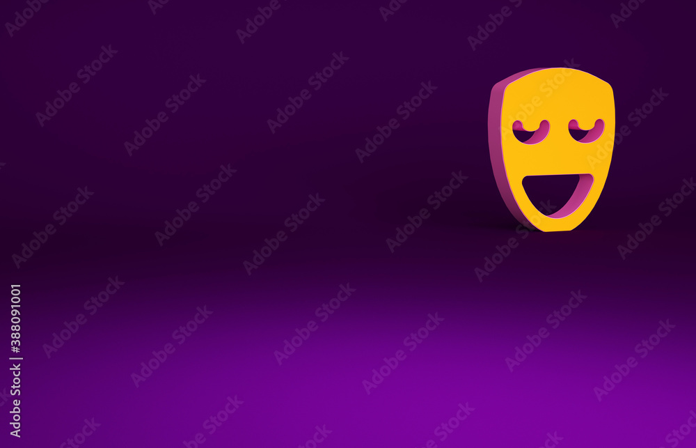 Orange Comedy theatrical mask icon isolated on purple background. Minimalism concept. 3d illustratio