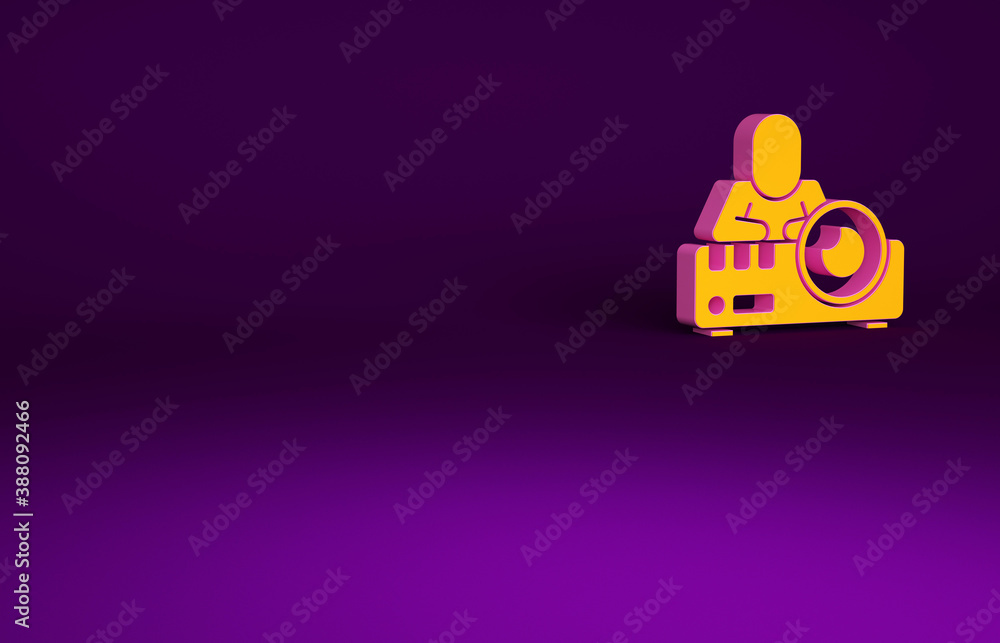 Orange Presentation, movie, film, media projector icon isolated on purple background. Minimalism con