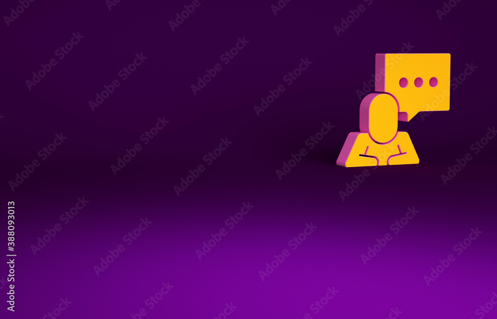 Orange Speech bubble chat icon isolated on purple background. Message icon. Communication or comment