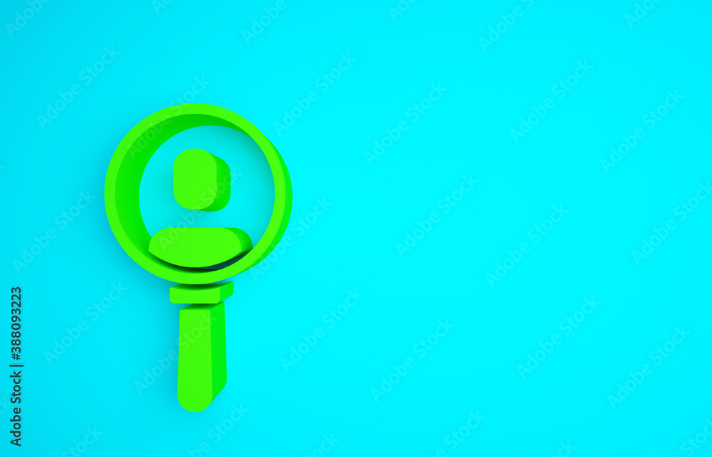 Green Magnifying glass for search a people icon isolated on blue background. Recruitment or selectio