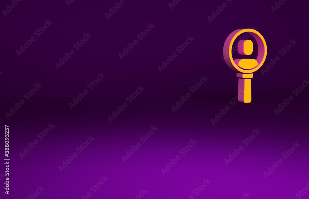 Orange Magnifying glass for search a people icon isolated on purple background. Recruitment or selec