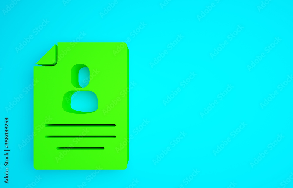 Green Resume icon isolated on blue background. CV application. Searching professional staff. Analyzi