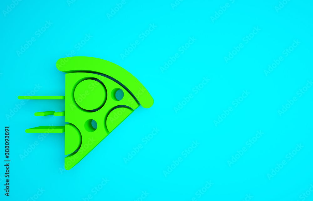 Green Online ordering and fast pizza delivery icon isolated on blue background. Minimalism concept. 