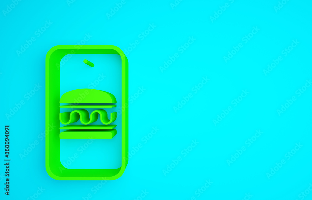 Green Online ordering and fast food delivery icon isolated on blue background. Burger sign. Minimali