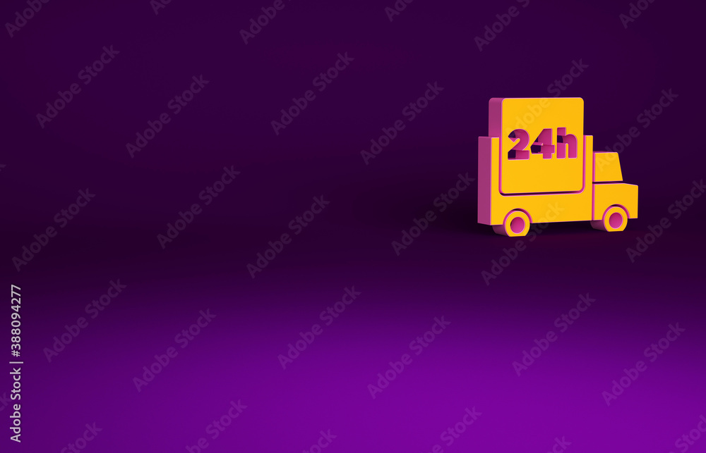 Orange Fast round the clock delivery by car icon isolated on purple background. Minimalism concept. 