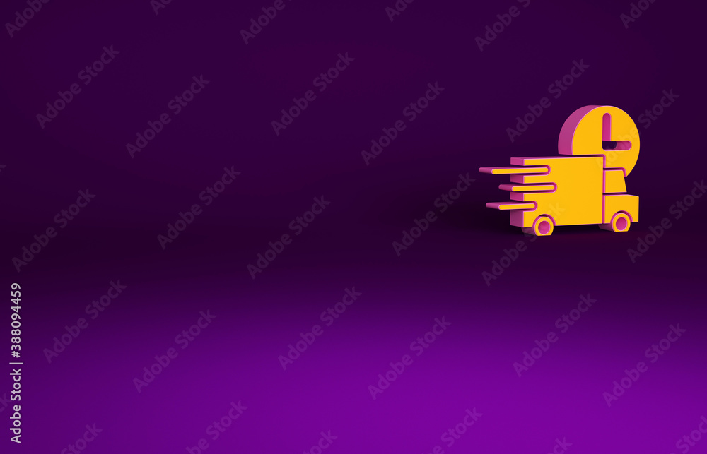 Orange Fast round the clock delivery by car icon isolated on purple background. Minimalism concept. 