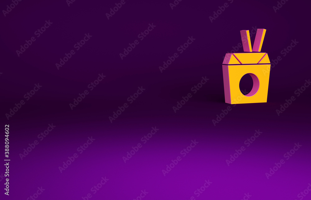 Orange Asian noodles in paper box and chopsticks icon isolated on purple background. Street fast foo