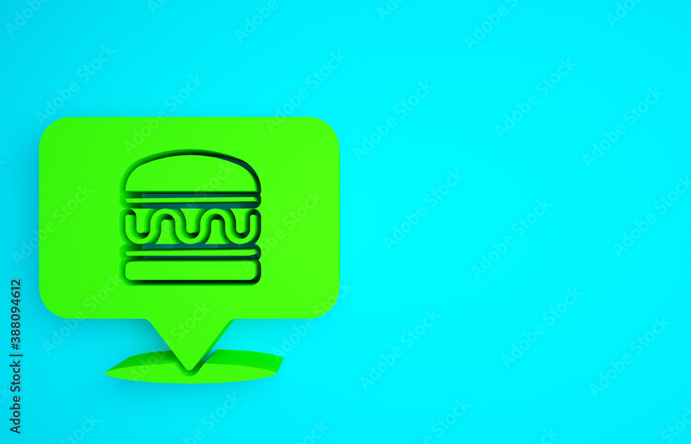 Green Online ordering and burger delivery icon isolated on blue background. Minimalism concept. 3d i