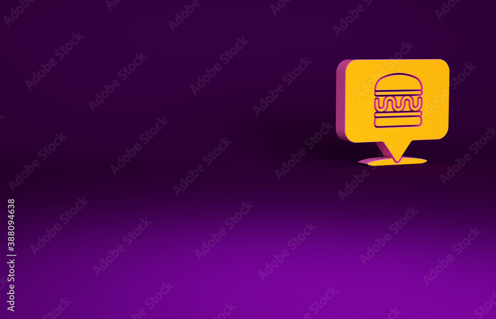 Orange Online ordering and burger delivery icon isolated on purple background. Minimalism concept. 3