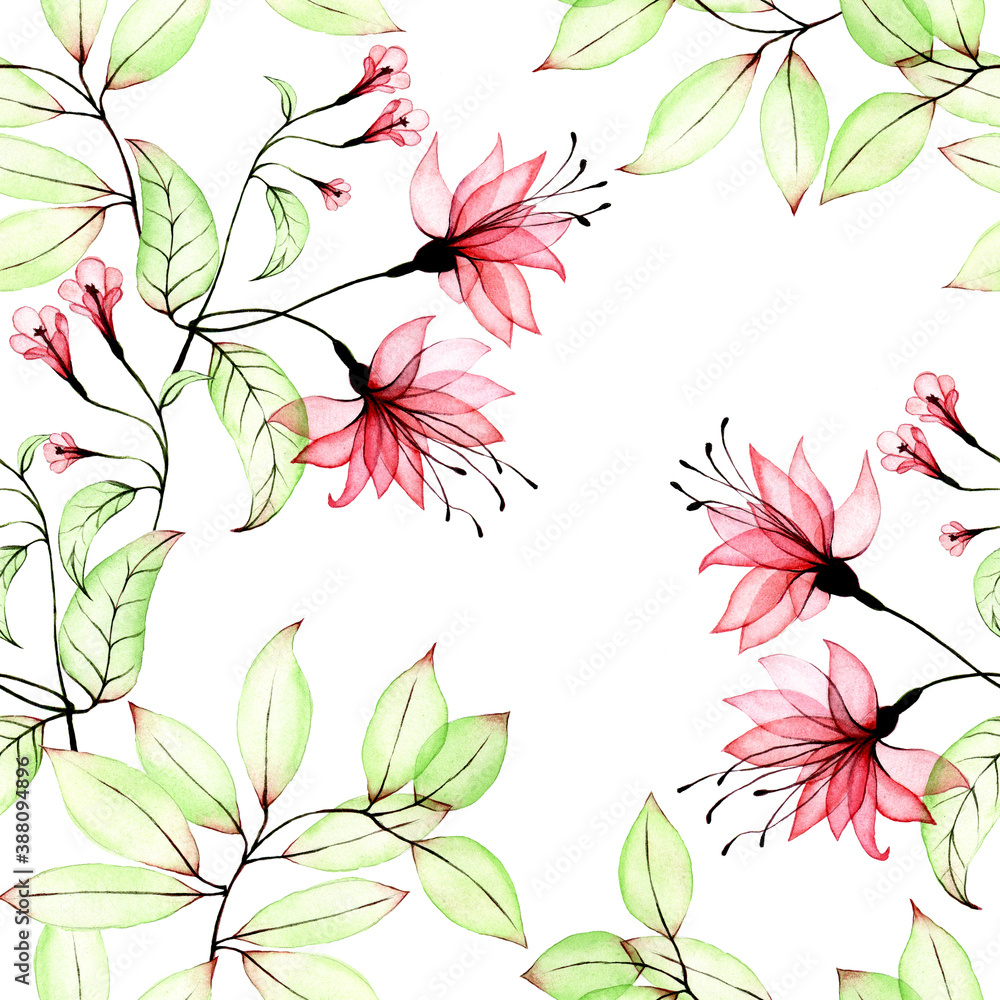 watercolor seamless pattern with transparent hibiscus flowers and leaves. transparent pink tropical 