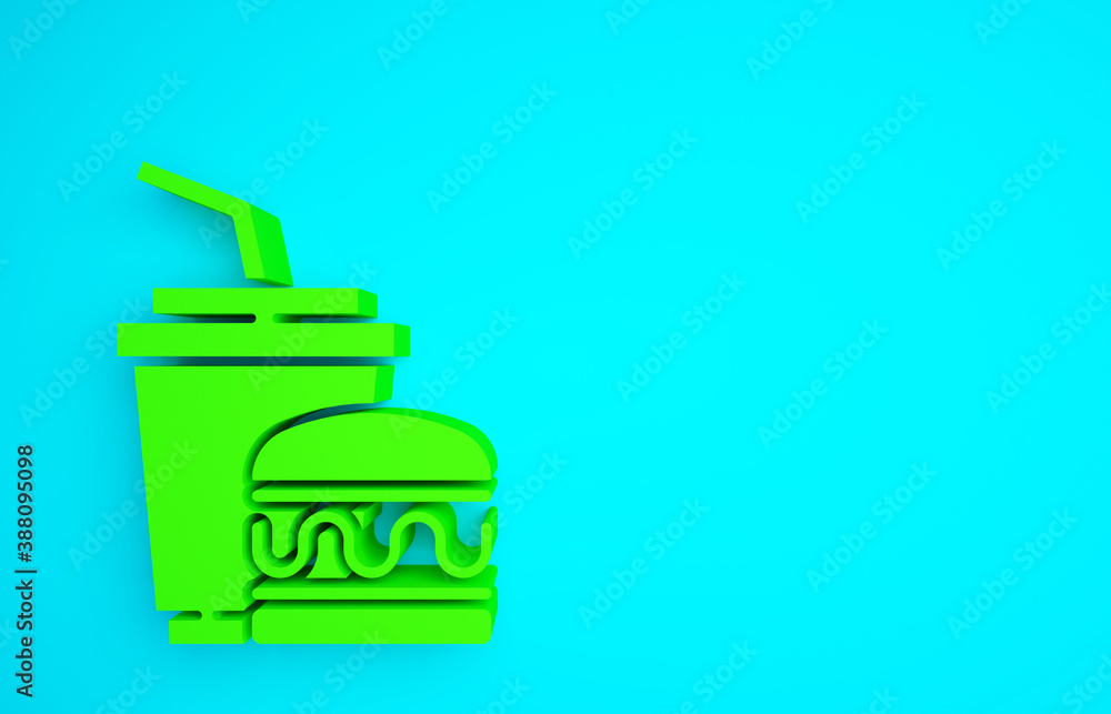 Green Paper glass with drinking straw and burger icon isolated on blue background. Soda aqua drink s