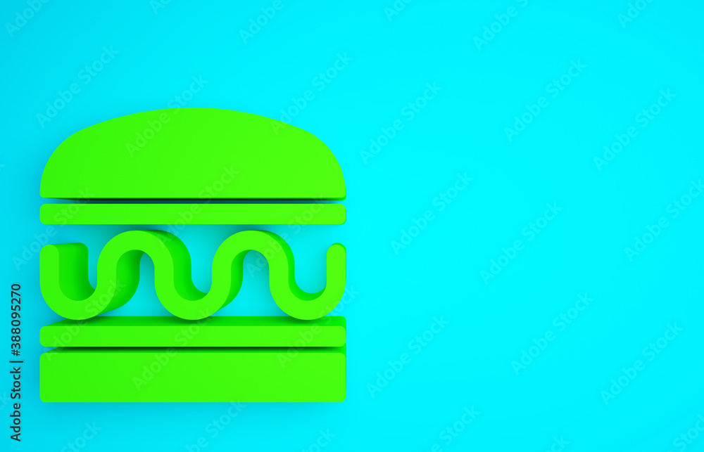 Green Burger icon isolated on blue background. Hamburger icon. Cheeseburger sandwich sign. Fast food