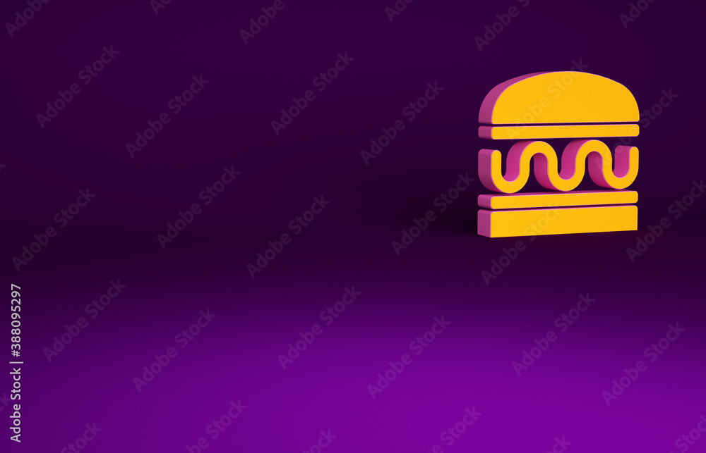 Orange Burger icon isolated on purple background. Hamburger icon. Cheeseburger sandwich sign. Fast f