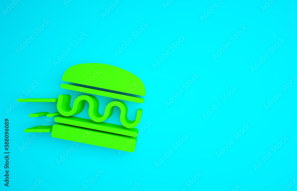 Green Online ordering and burger delivery icon isolated on blue background. Minimalism concept. 3d i