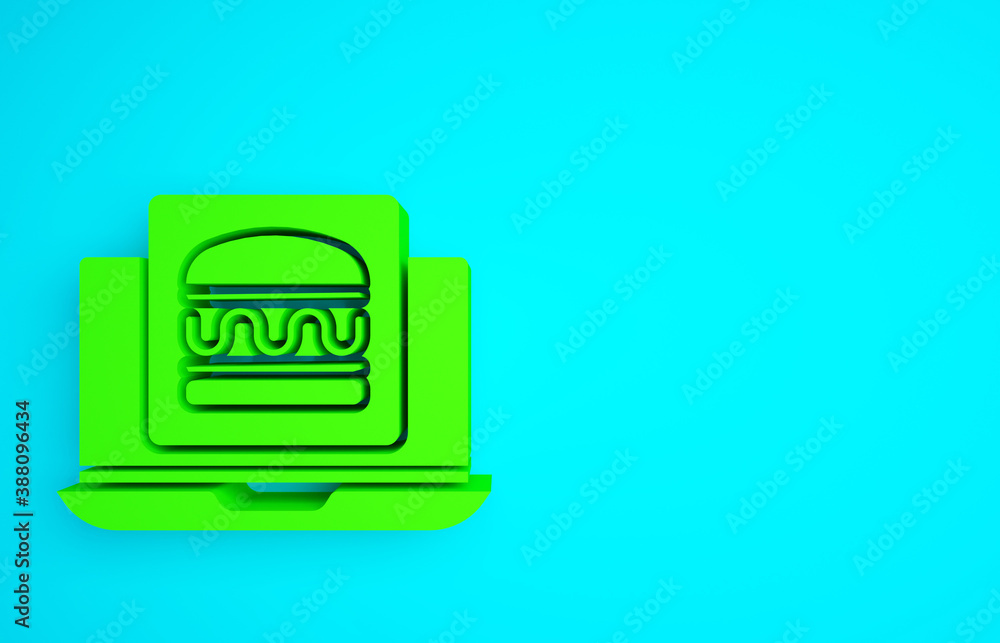 Green Online ordering and burger delivery icon isolated on blue background. Minimalism concept. 3d i