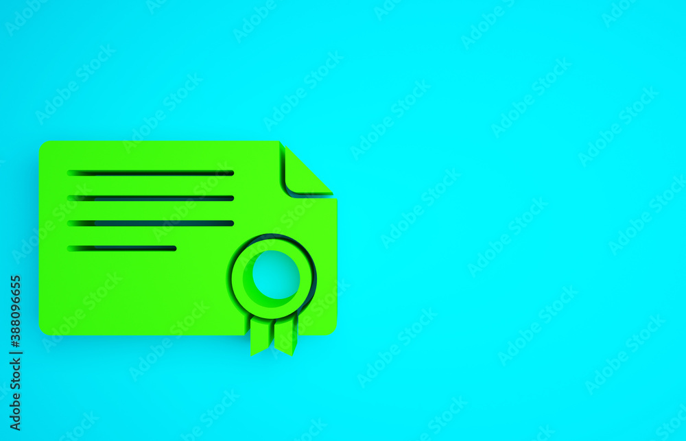 Green Certificate template icon isolated on blue background. Achievement, award, degree, grant, dipl